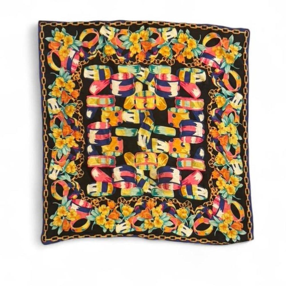 Oscar de la Renta black silk scarf with floral and chain print